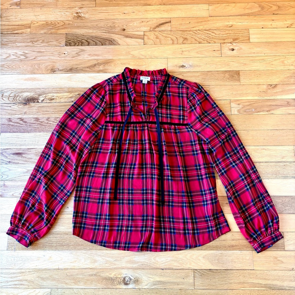 J.Crew Women's Velvet Tie Neck Red Plaid Blouse